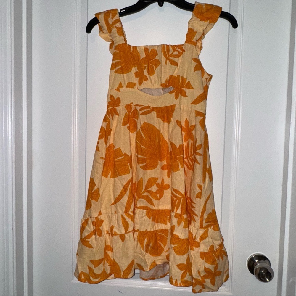 Zara Kids Orange Tropical Floral Ruffle Strap Cutout Dress Size 10 NWT